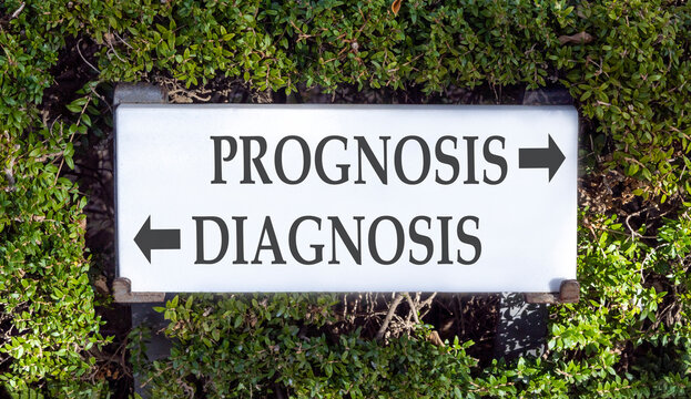 Prognosis vs diagnosis words symbol. Concept words Prognosis Diagnosis on beautiful white sign plate. Beautiful green leaf background. Business medical prognosis vs diagnosis concept. Copy space.