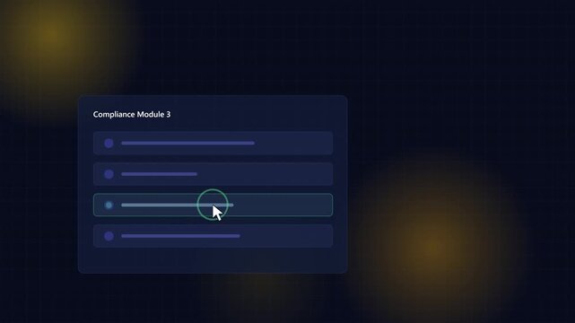 Dark mode corporate training animation where a quiz panel receives the correct answer from an animated cursor and a certificate card unlocks with a dr.