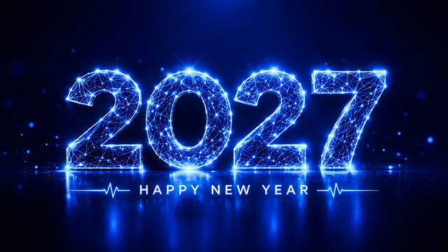Glowing digital futuristic neon numbers representing year twenty twenty seven with bright blue cyberspace network grid particles floating inside a dark background environment for celebration banners