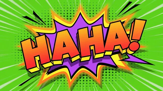 Vibrant Comic Pop Art 3D HAHA text with explosion bubble on green halftone background ideal for comedy sketches, social media memes, and humorous video transitions.