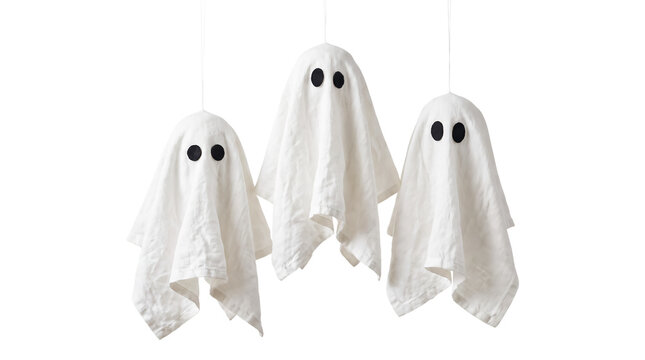 Three handmade hanging linen cloth ghosts on strings isolated on transparent background, rustic DIY Halloween puppet ornament decoration set