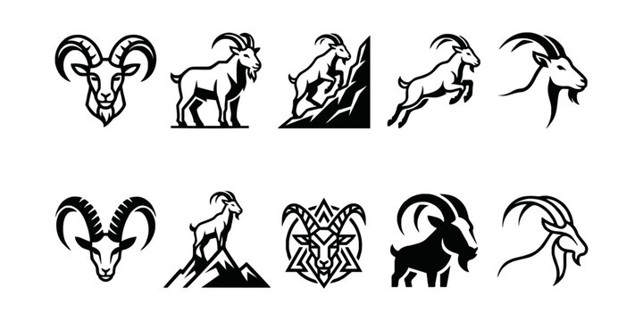 Mountain goat and ibex logo vector icon set, wild animal ram mascot silhouette collection for adventure, sports, and outdoor branding