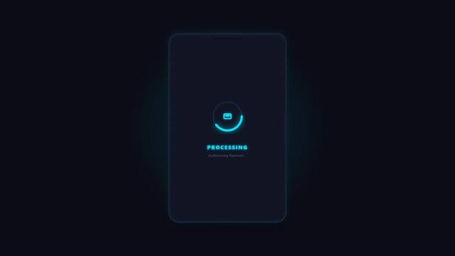 A 4K 3D-styled dark neon smartphone animation demonstrating a 3-phase e-commerce payment workflow (Cart, Processing, Order Confirmed) with dynamic col.