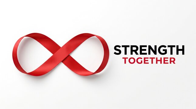 Red ribbon shaped as an infinity symbol with strength together text on white background, aids awareness and medical healthcare campaign poster for patient support.