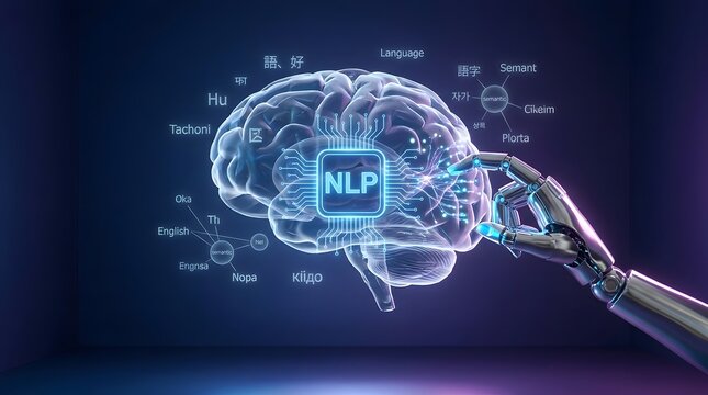 Robotic hand touching glowing human brain with neural chip processing natural language glowing in dark digital space
