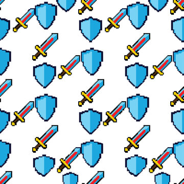 Pixel art pattern with retro video game swords and shields on white