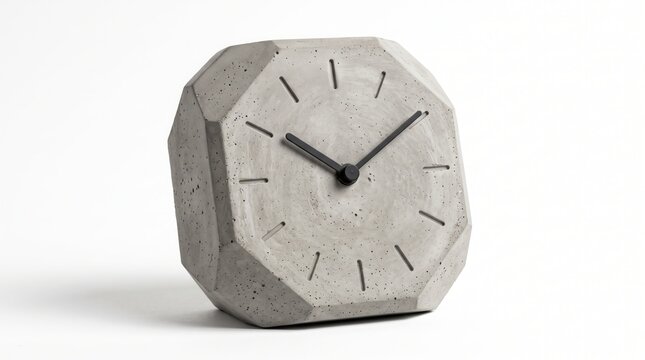 Front View Of A Minimalist Faceted Concrete Desk Clock With Black Hands Isolated On White Surface