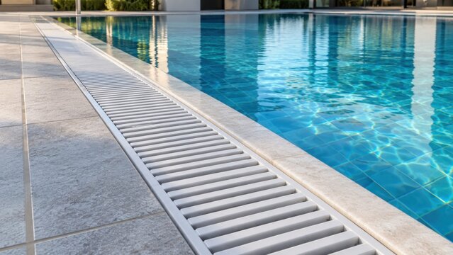 White Slotted Drainage Grate Along Modern Swimming Pool Deck