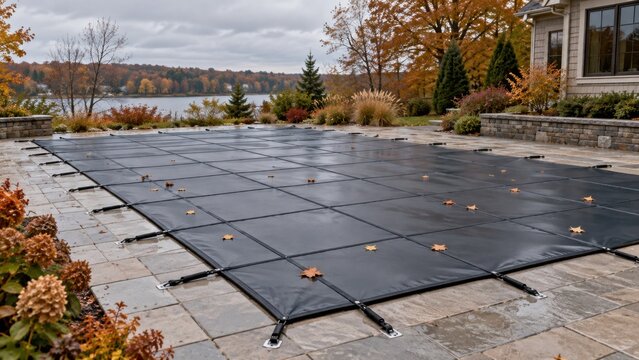 Winter Safety Cover Secured Over Swimming Pool in Autumn