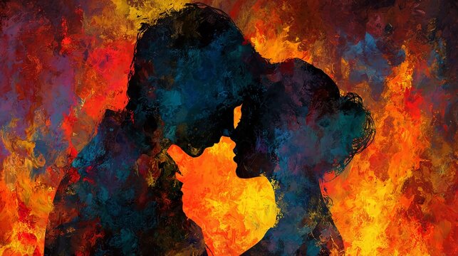 Passionate couple in fiery abstract embrace, conveying intense love and connection in a vibrant, textured artistic style, perfect for romantic themes and emotional storytelling.