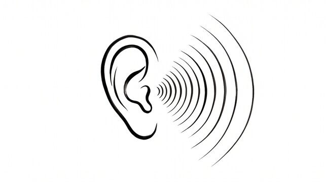 Black silhouette of a human ear with sound waves radiating, representing auditory perception, hearing technology, and communication concepts.