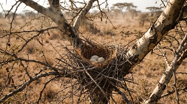 Rustic Bird Nest with Eggs on a Dry Acacia Branch Overlooking an Arid African Savannah Landscape