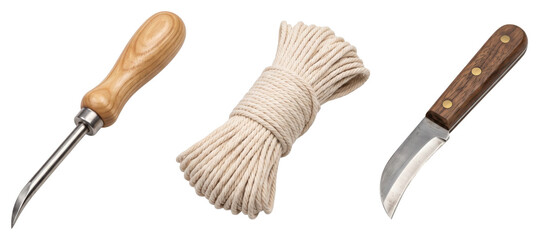 Hand tools and coiled rope collection on transparent background © vadymstock
