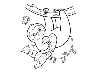 Cute sloth hanging from a tree branch printable coloring page design © Surma