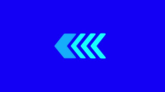 Cyan chevron arrows pointing left on a vivid blue background, with pulsing fade animation. Minimal directional motion graphic.