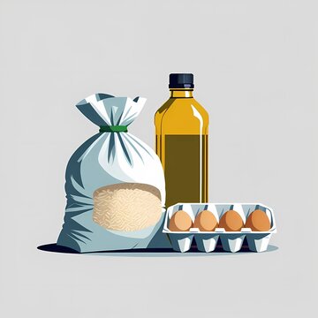 Minimalist flat design vector illustration of grocery staples rice sack and cooking oil
