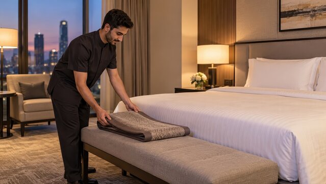 Hotel attendant placing a folded decorative bed runner on the upholstered foot bench during evening turndown beside white bedding and a city window at dusk