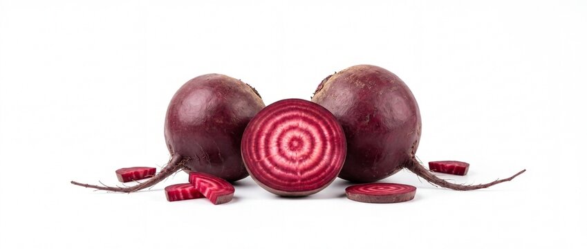 Fresh red beetroots whole and sliced on a white background