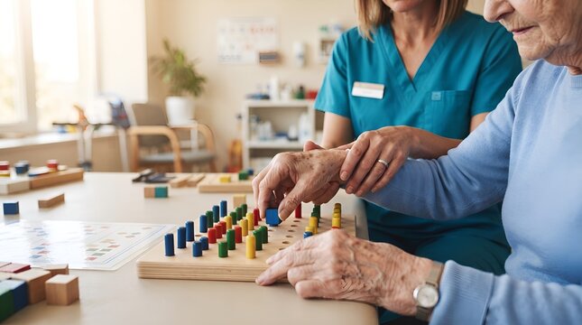 Elderly Patient Practicing Hand Coordination with Wooden Blocks During Occupational Therapy