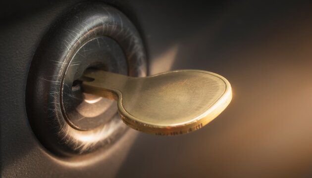Key ignition closeup metallic security concept for automotive industry website banner or safety brochure design