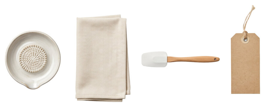 Kitchen utensils and blank product tag on transparent background