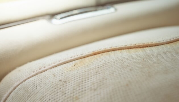 dirty stained beige car upholstery closeup fabric texture for auto cleaning service advertising banner