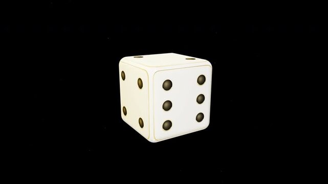White gambling dice falling against a solid black background