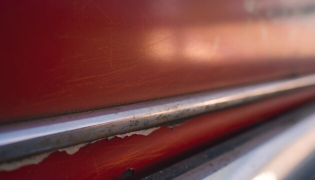 Closeup metal rail surface abstract red background with shallow depth of field for industrial design or banner template