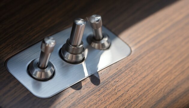 metal toggle switch panel closeup on wood surface with sunlight for technology product brochure or industrial design template