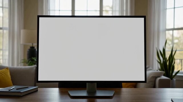 Blank computer monitor on a desk in a bright room