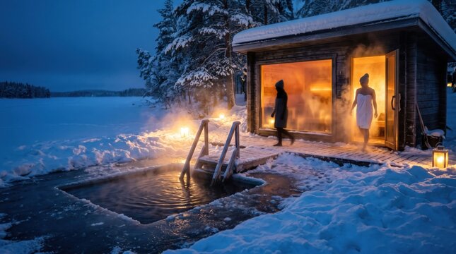 People relax in a glowing lakeside sauna beside an icy plunge pool in a remote snowy landscape at blue hour, in a detailed contemporary scene