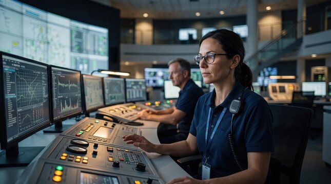 Power plant operators monitor multiple screens and controls inside a modern industrial command center, with authentic detail for visual communication