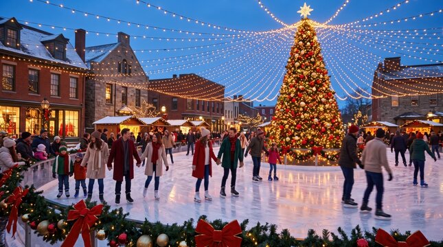 Crowds skate around a towering Christmas tree on a festive outdoor rink surrounded by lights and market stalls, in a detailed contemporary scene