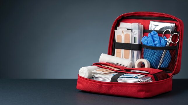 Open red first aid kit displays bandages, gloves, scissors and medical supplies against a clean neutral background, in a detailed contemporary scene