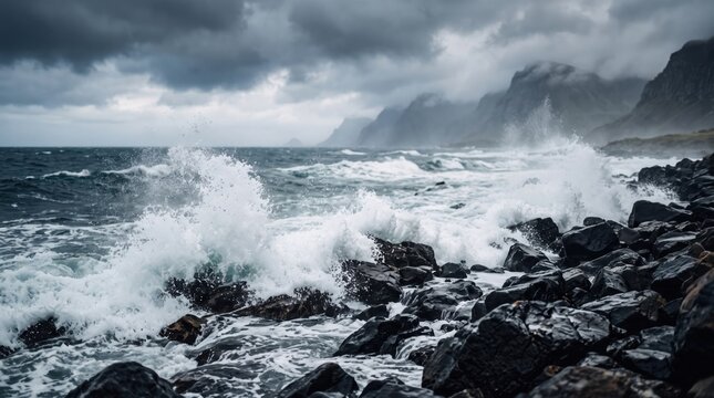 Powerful ocean waves crash against a dark rocky shore beneath storm clouds in a dramatic coastal landscape, for commercial and editorial storytelling