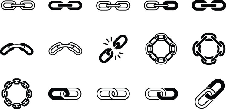 Chain Link Icons Collection Featuring Connected Links, Broken Chain and Circular Chains for Connection and Security, Vector Illustration