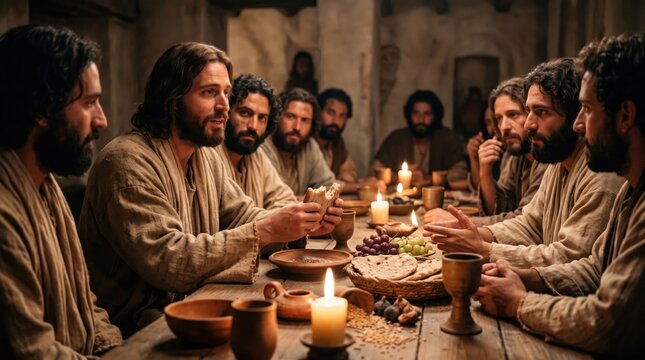 Biblical teacher shares a candlelit meal with disciples around a rustic table in a reverent historical faith scene, in a detailed contemporary scene