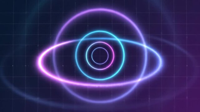 Blue and purple concentric rings glow at the center of a dark digital grid, forming a target graphic with no visible location or time indicated