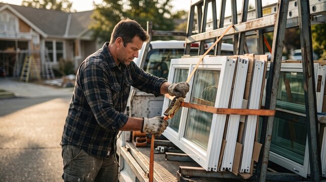 Installer secures white window frames to a transport rack before delivery at a residential construction site, in a detailed contemporary scene