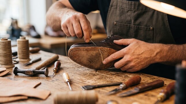 Leather craftsperson stitches and repairs a worn shoe by hand at a traditional workshop filled with specialized tools, for modern brand communication