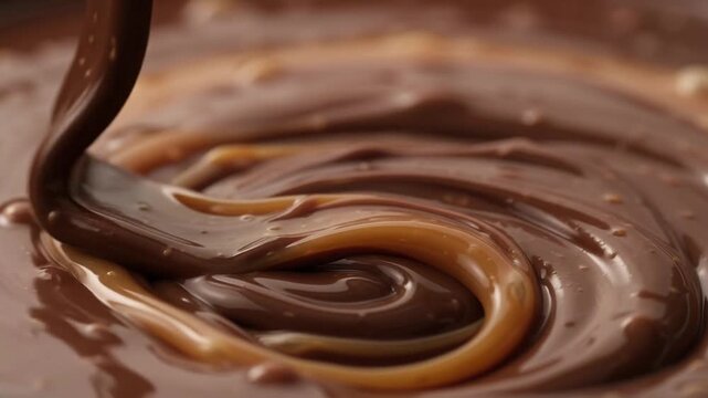 Rich liquid chocolate and caramel sauce pouring and mixing, slow motion close up of sweet dessert topping