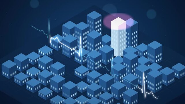 Isometric Night City with Glowing ECG Pulse Lines 4K