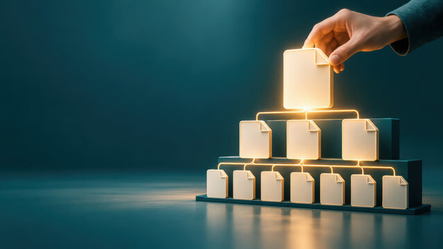 Glowing paper document held by hand above hierarchical file folder structure, symbolizing organization, leadership, information management