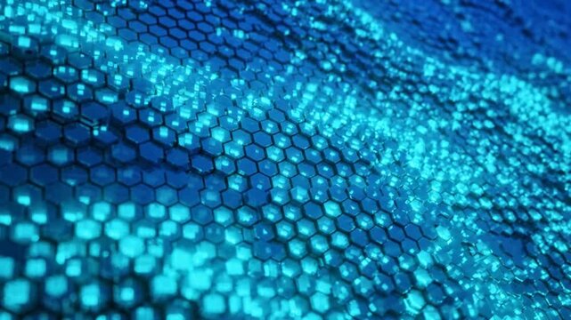 Abstract futuristic digital grid with glowing blue hexagonal pattern and light particles.