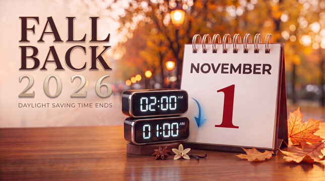 Fall Back 2026 daylight saving time ends concept with digital clocks and November 1 calendar on autumn wooden table.