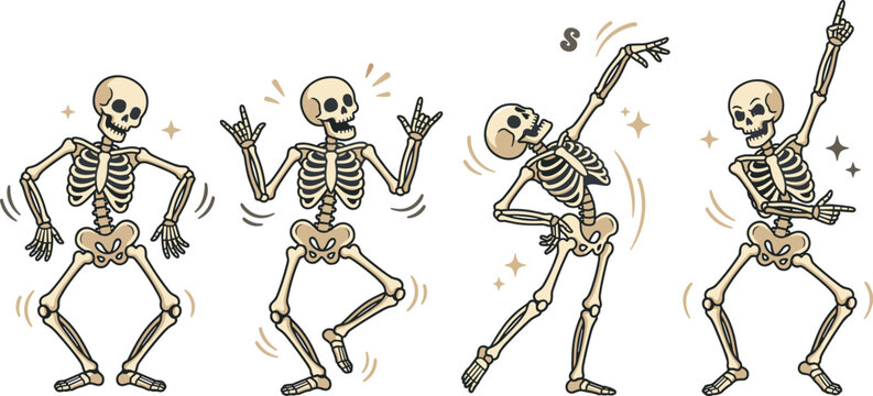 Set of four cartoon skeletons dancing and posing
