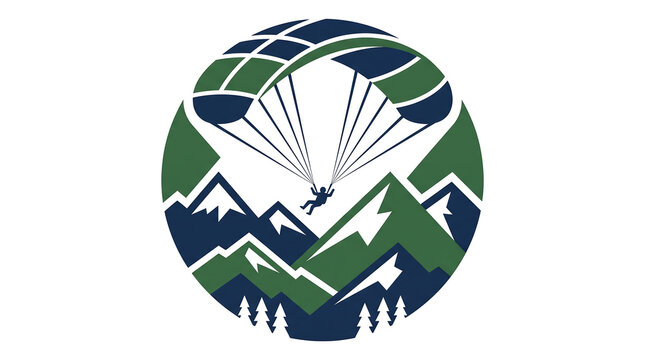 Circular badge emblem featuring a paraglider flying over majestic snow capped mountain peaks.