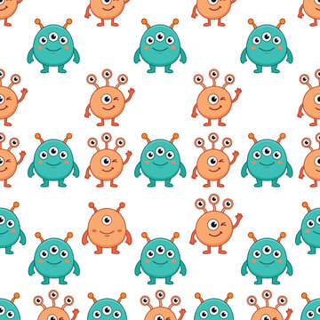 Cute cartoon aliens seamless pattern with friendly characters and funny faces