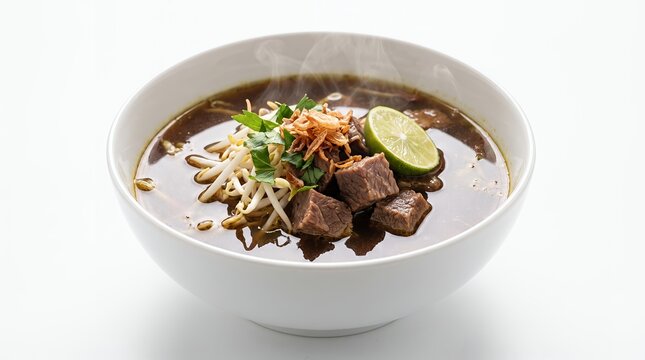Rich indonesian beef soup with sprouts, lime, cilantro, and garlic in a white bowl, suitable for menus and promotions.