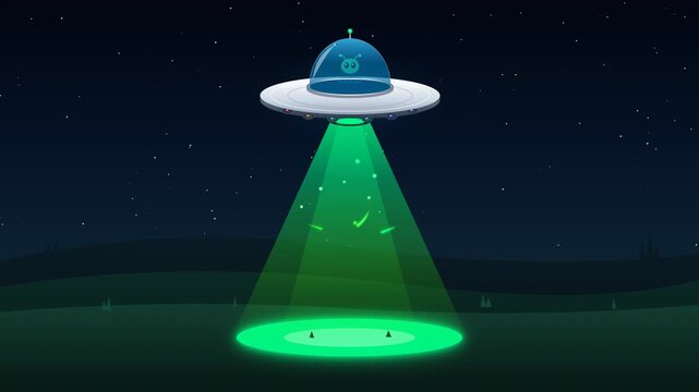 Animated ufo flying saucer shining a green tractor beam at night